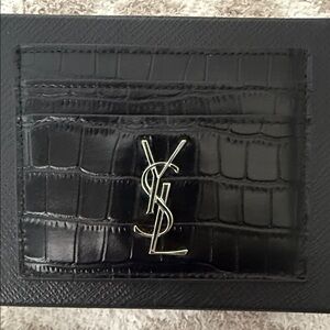 Saint Laurent Black Croc-Embossed Leather Card Holder Wallet with Silver Logo